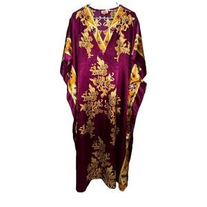 VTG Collections Etc. Kaftan Colorful OS Boho Maxi Dress Floral Purple Gold MuMu